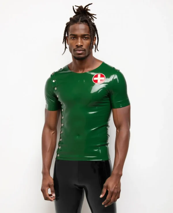 Latex short sleeve man’s crop neck top with a medical uniform twist