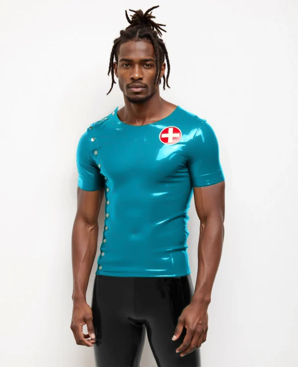 Latex short sleeve man’s crop neck top with a medical uniform twist - Image 4