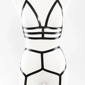 Erotic lingerie set made of latex straps