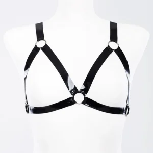 Latex harness bra with metallic rings