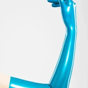 Long gloves made of moulded latex in metallic blue color