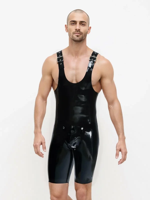 Latex Codpiece Shoulder Strap Cycling Suit For Men - Image 3