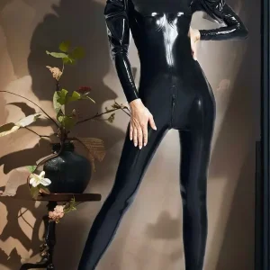 Latex jumpsuit with puffed sleeves