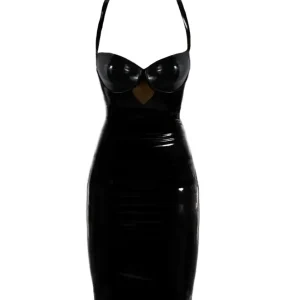 Latex pencil dress showcases bra cups
