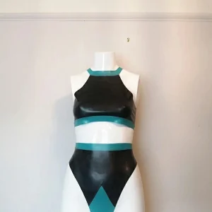 Latex Two Piece, High Neck Crop Top and High-waist Thong