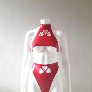 Latex Triple Heart Set with Under boob Halter Top and High-waist Thong