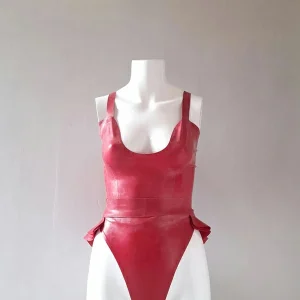 Latex Three Piece Metal-wear Set, Latex Top, Latex High-waist Thong and Latex Peplum Belt