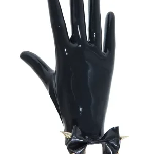 Latex gloves feature a spiked bow