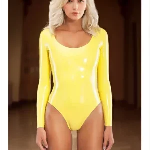 Low-necked latex swimsuit with long sleeves