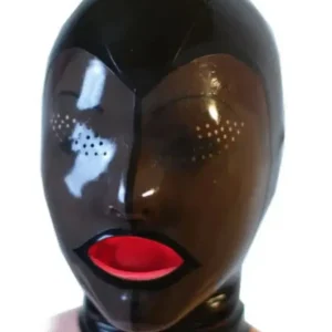 Latex hood with tongue and perforated eye holes