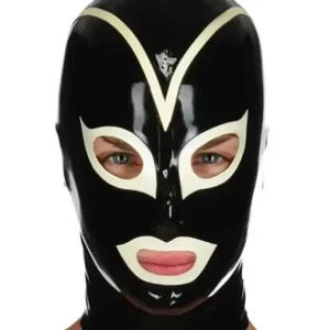 Latex hood in black and white with rear zipper