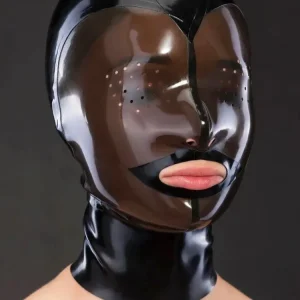 Latex mask with perforated eyes and translucent face