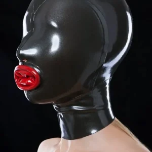 Latex mask with red condom and cut-outs for nostrils