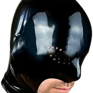 Black Latex Hood with Mesh Eyes Exposed Mouth and Back Zipper
